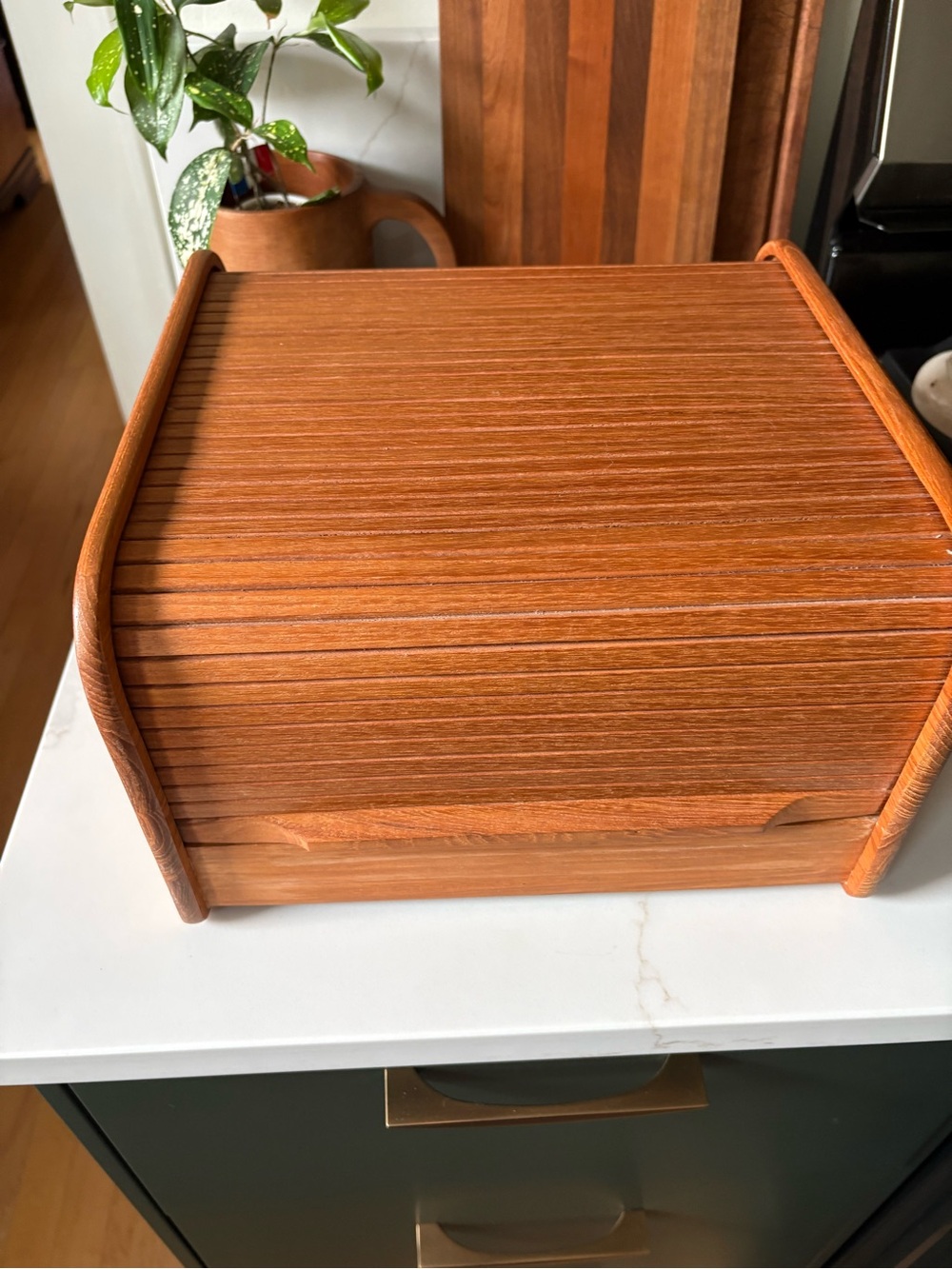 Vintage Mid Century Modern Teak-Tech Wood Roll Top Desk Organizer Storage Box EC
